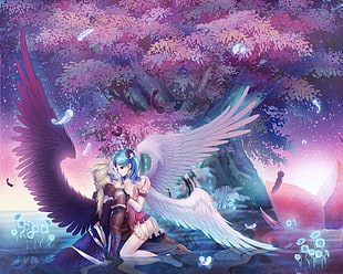 winged male and female anime characters HD wallpaper
