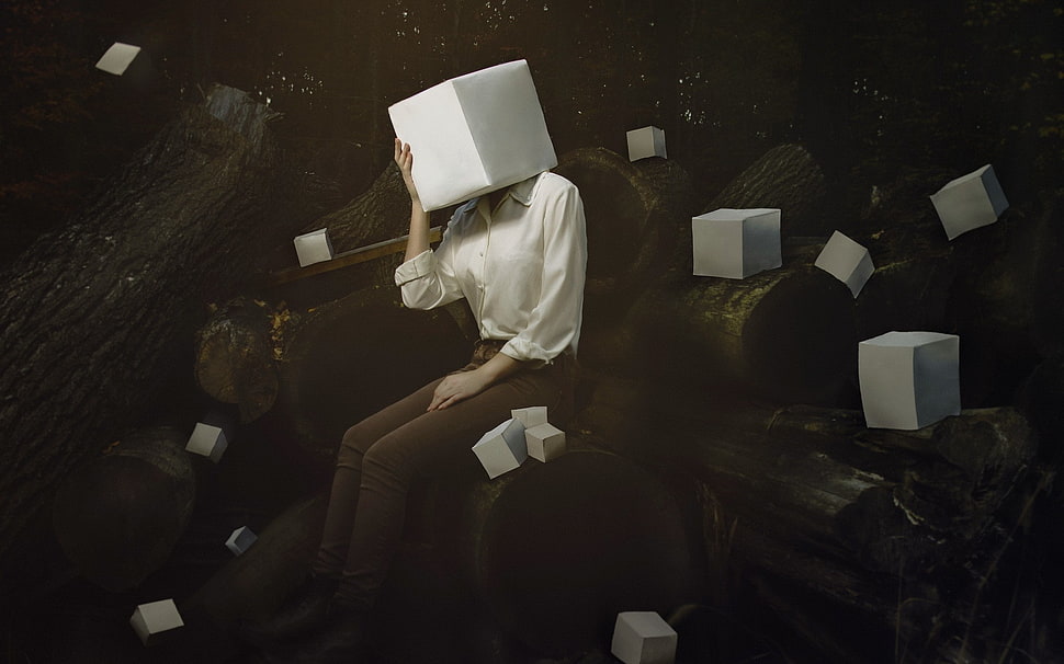 man wearing box helmet painting, people, floating, pocket wizards, Conceptual HD wallpaper