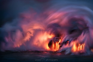 volcanic activity illustration, Big Island, Hawaii, lava, sea, clouds