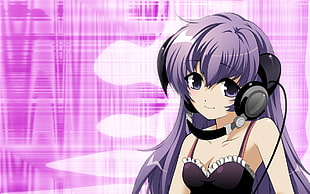 anime in purple hair with earphones HD wallpaper