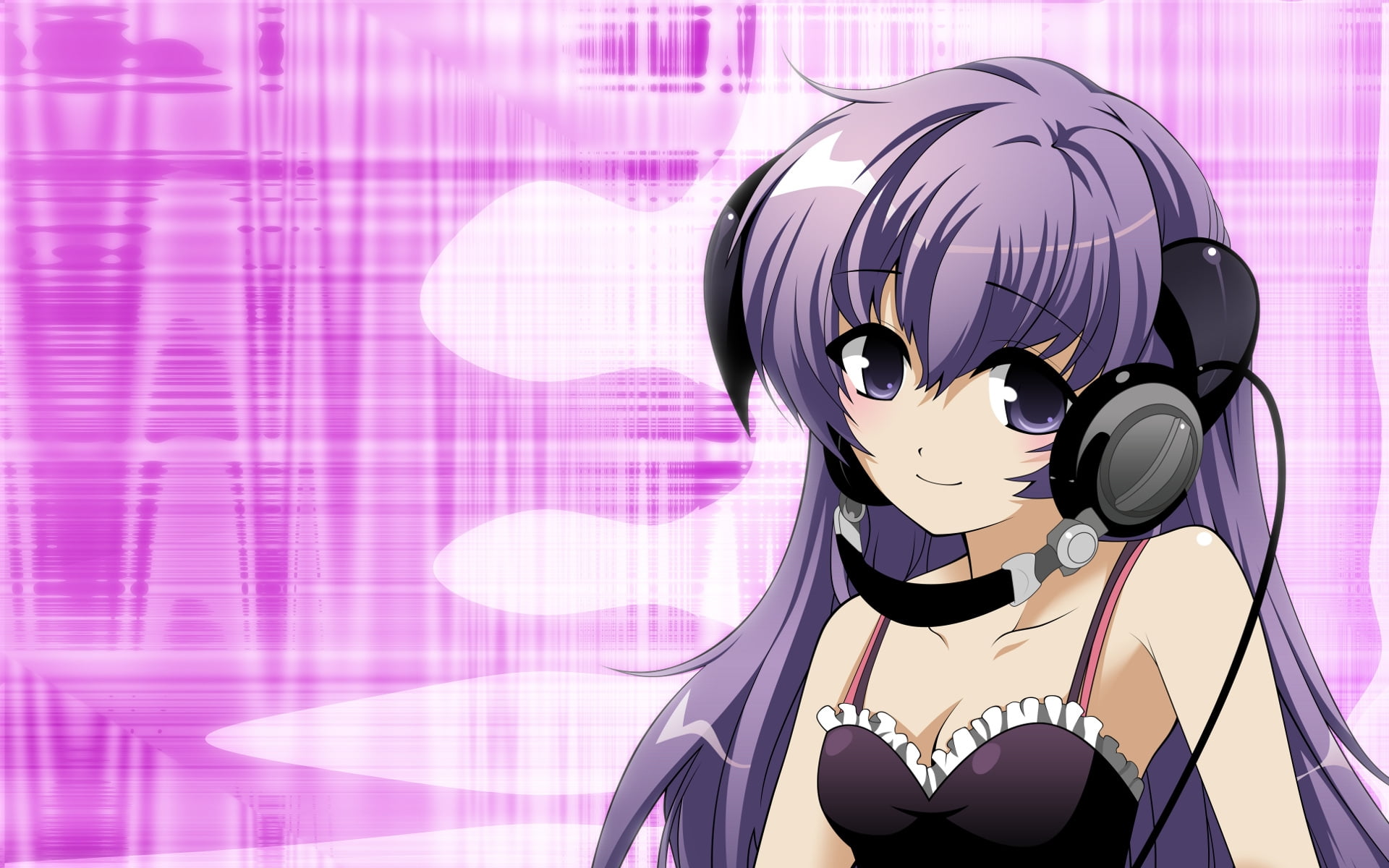 anime girl with purple hair and headphones