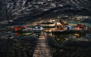 assorted wooden houses, landscape, lake, clouds, house