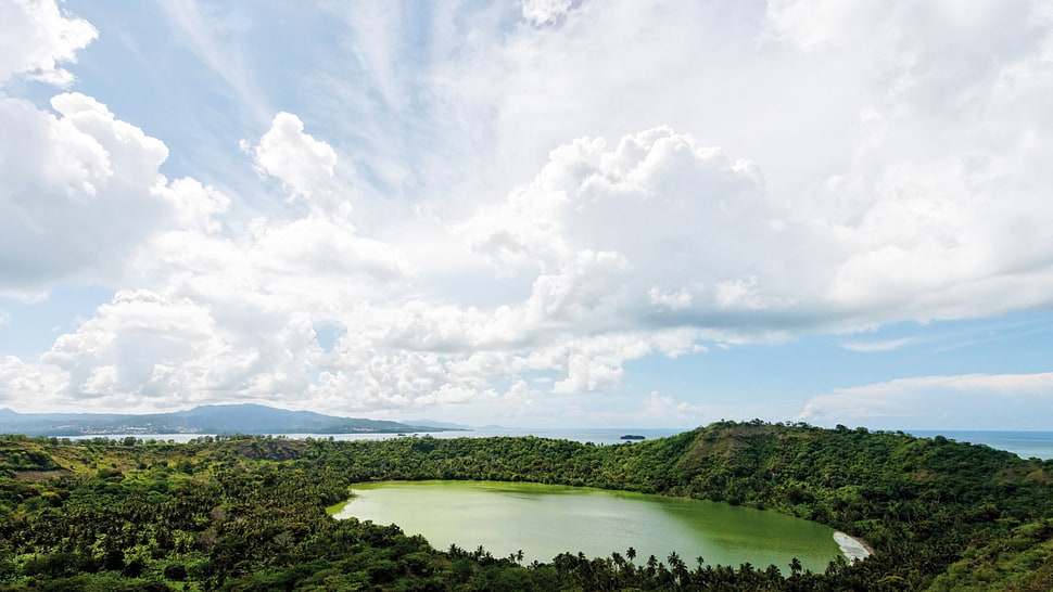 lake surrounded by trees, nature, landscape, clouds, trees HD wallpaper
