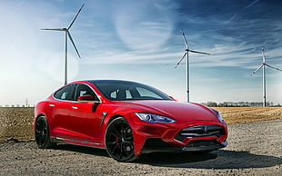 red sedan, car, electric car, Tesla S, Tesla Motors