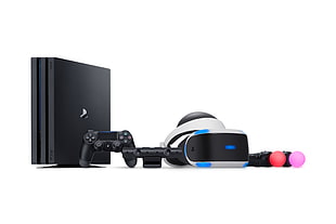 black Sony PS4 with controller, kinect and VR glasses HD wallpaper