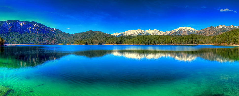 lake surrounded with mountain, nature, landscape, panoramas, lake HD wallpaper