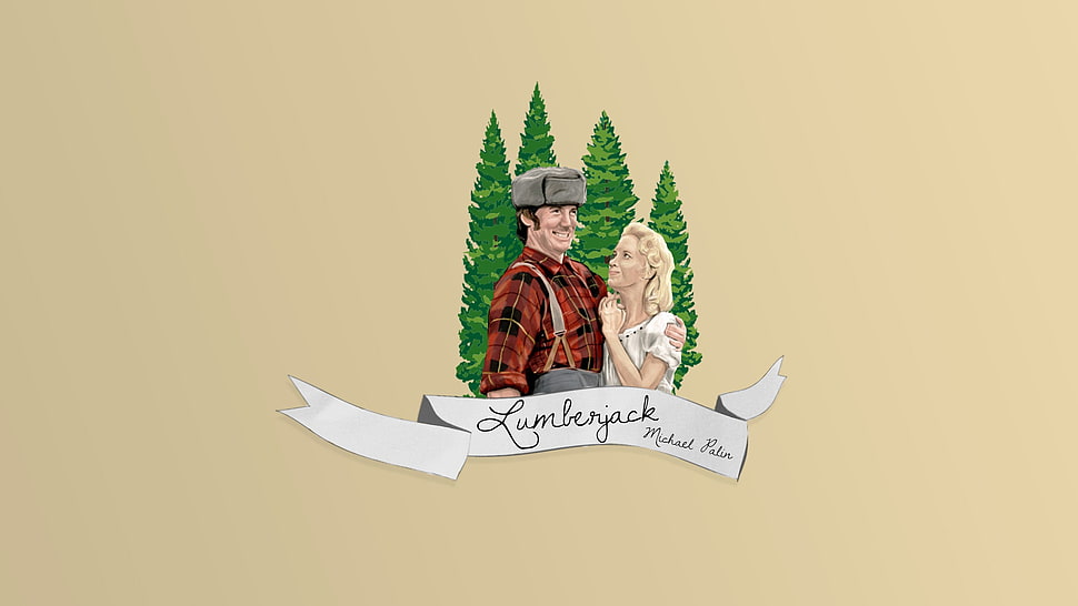 Lumberjack painting, Monty Python, minimalism, trees, humor HD wallpaper