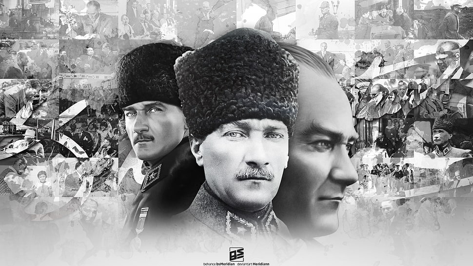 grayscale photo of three men, Mustafa Kemal Atatürk, monochrome, men, face HD wallpaper