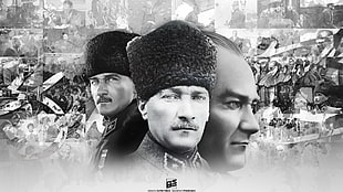 grayscale photo of three men, Mustafa Kemal Atatürk, monochrome, men, face
