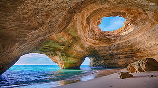 landscape photography of cave sea shore, nature, landscape, sea, beach HD wallpaper