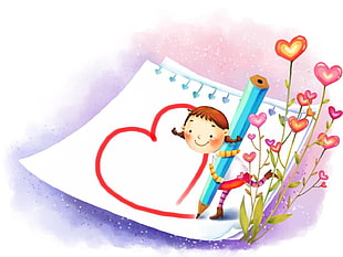 girl holding big pen with heart flower clip art