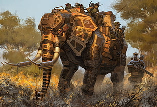 elephant robot with soldiers graphic art, science fiction, Mech Animals, Robert Chew HD wallpaper