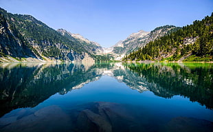 lake in between mountains during daytime