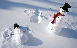 two snowmans on snow, nature, winter, snow, shadow