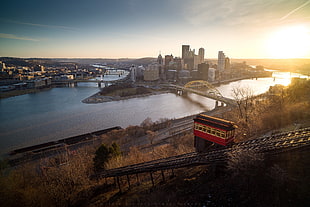 red house, cityscape, river, Pittsburgh, tram