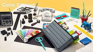 white rotary telephone, black case, blue shears, and art kit lot, colorful, color codes, color correction, color wheel