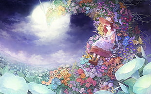 girl sitting on flowers painting, anime, anime girls HD wallpaper