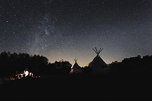 teepee tents, night sky, starry night, forest HD wallpaper