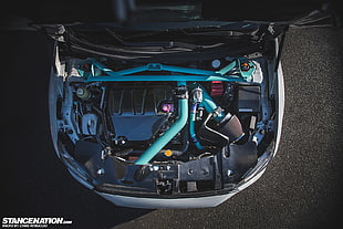 blue and black car engine bay, Mitsubishi Lancer Evo X, evolution, Mitsubishi Lancer, Mitsubishi
