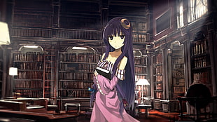 female anime character illustration, Touhou, library, purple hair, Patchouli Knowledge