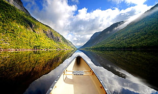 black canoe, nature, mountains, sky, green