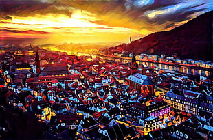 multicolored village painting, cityscape, drawing, artwork
