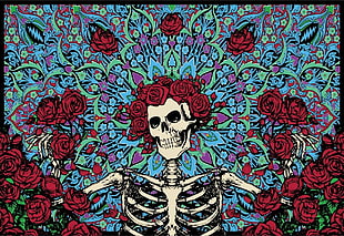 red, blue, and white floral textile, skeleton, skull, Dia de los Muertos, Grateful Dead