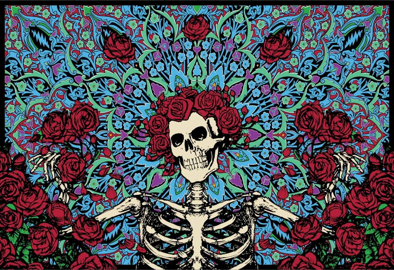 red, blue, and white floral textile, skeleton, skull, Dia de los Muertos, Grateful Dead