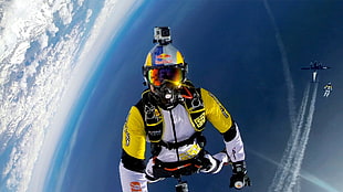 men's yellow and black full-face helmet, Soul Flyers, Red Bull, skydiving, Mont Blanc