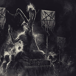 grayscale photo of Baphomet, Satanism, devils, pentagram