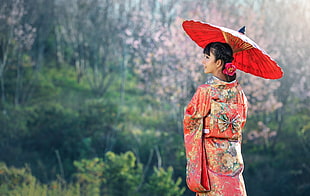 photo of a woman wearing yukata and red paper umbrella