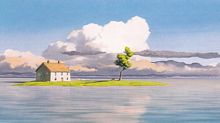 house and tree on body of water illustration, anime, island