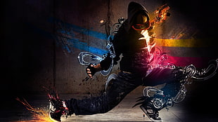 black hooded jacket, colorful, motion blur, graphic design, photo manipulation