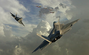-and-black jet fighters, dogfight, jet fighter, F-22 Raptor, mig-29