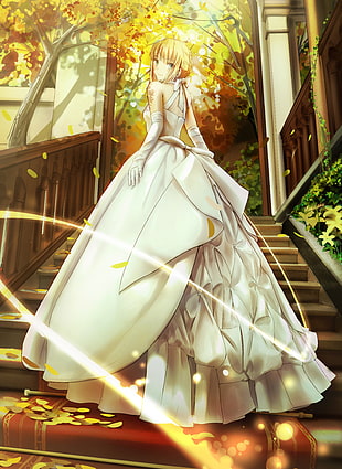 woman in wedding dress standing on stairs