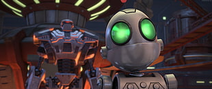 grey and green robot near grey and orange ronbot