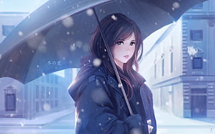female wearing coat and holding umbrella in snowy weather