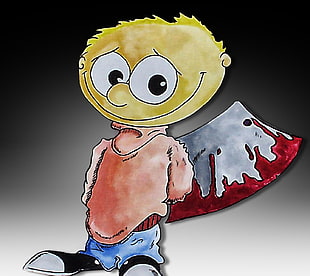 boy cartoon character holding knife illustration, comics, blood, artwork