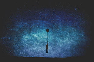 silhouette of person holding balloon, balloon, night, minimalism