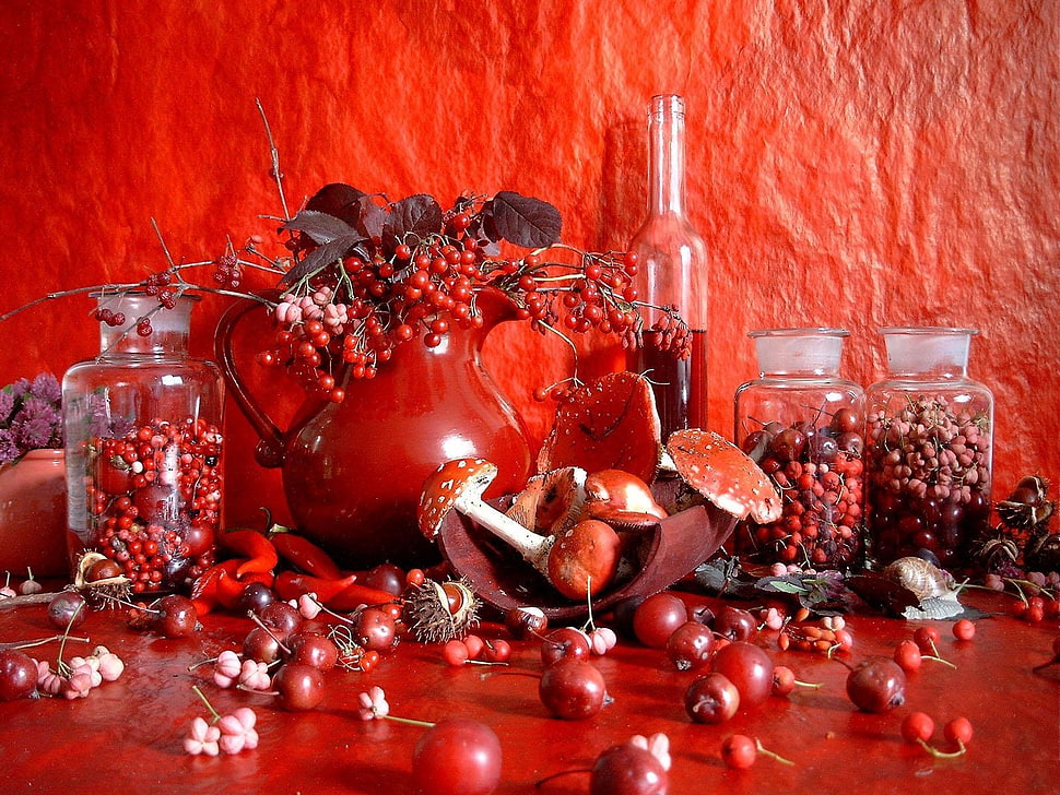 red mushrooms and red berries HD wallpaper