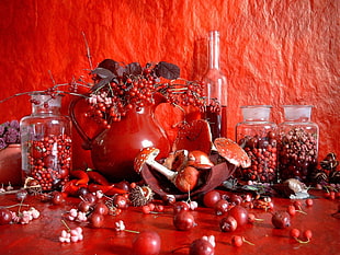 red mushrooms and red berries