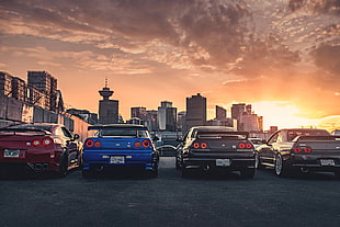 four assorted-color cars, Nissan Skyline GT-R R34, Nissan GT-R R35