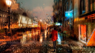 person walking in the street during nighttime HD wallpaper