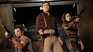 men's brown button-up long-sleeved shirt, Firefly, Nathan Fillion, Gina Torres, Adam Baldwin HD wallpaper