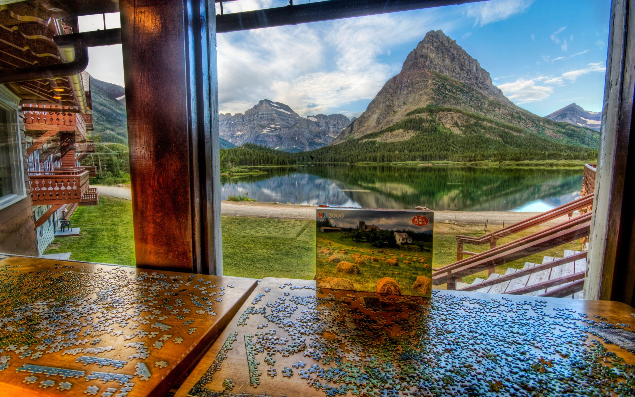 glass wall with brown wooden base, nature, landscape, hills, lake