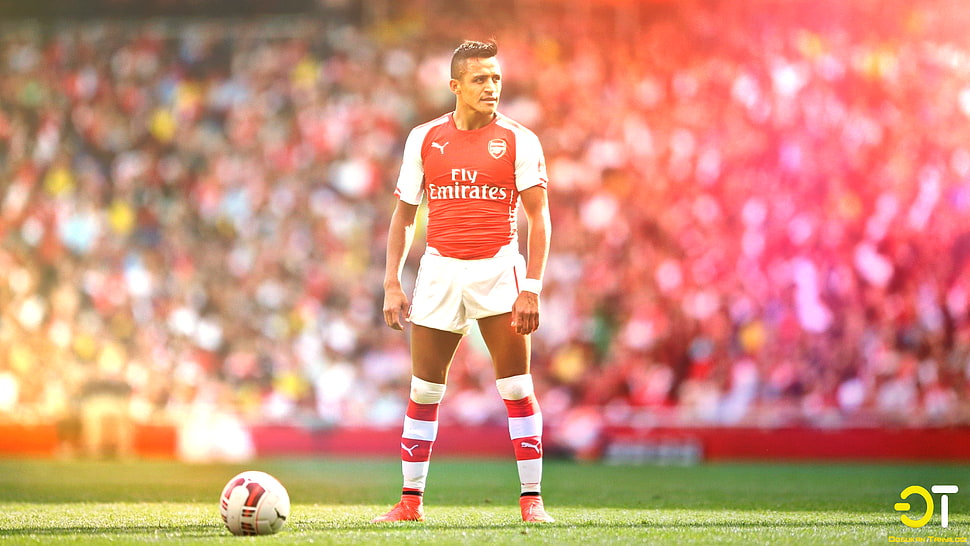 men's red and white Puma jersey shirt, Alexis Sanchez, Arsenal, colorful, soccer HD wallpaper