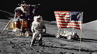 astronaut and United States flag, Moon, space, astronaut, Apollo