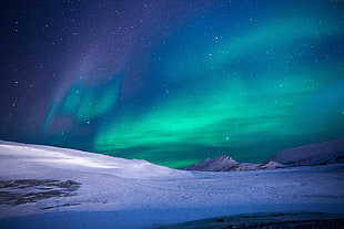 white snowy mountain, northern lights, sky, winter