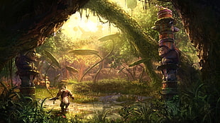 forest with tiki totems illustration, fantasy art, digital art, artwork, trees