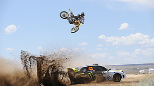 black, yellow, and green sports coupe with dirt bike, motorcycle, vehicle, Rally HD wallpaper